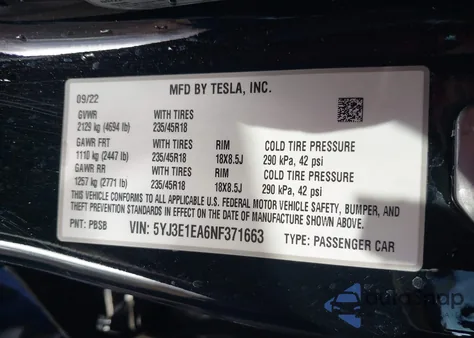 2022 Tesla Model 3 Rear-Wheel Drive from USA, damaged, VIN 5YJ3E1EA6NF371663